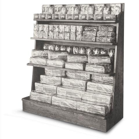  Wooden display with bread in cellophane